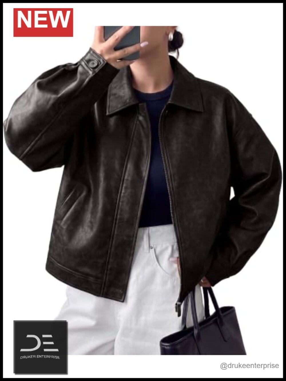 Faux Leather Oversized Motorcycle Jacket Zip Up Moto